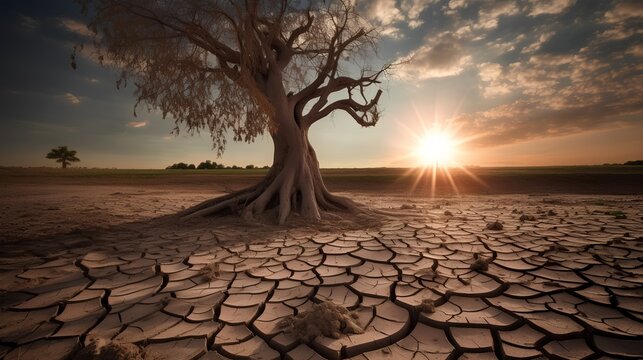 Cracked Earth and wilted tree depict severe drought caused by climate change. Generative AI © TensorSpark