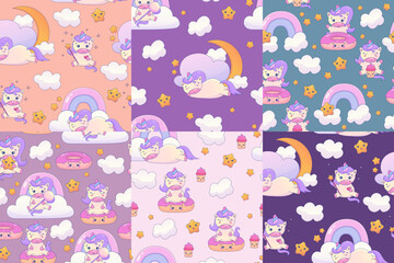 Cute Kawaii Unicorn seamless pattern set with rainbow and star. Fairy cute animal children design. Fantasy wallpaper with unicorn and cloud. Cartoon vector illustration
