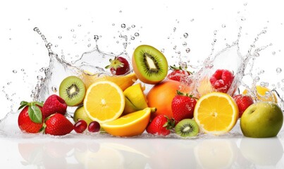 Fototapeta na wymiar Vibrant fresh fruits with splashes of water on white Creating using generative AI tools