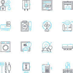 Accommodations market linear icons set. Hospitality, Lodging, Hotels, Resorts, Motels, Inns, Hostels line vector and concept signs. Vacation rentals,Bed and breakfasts,Cabins outline illustrations