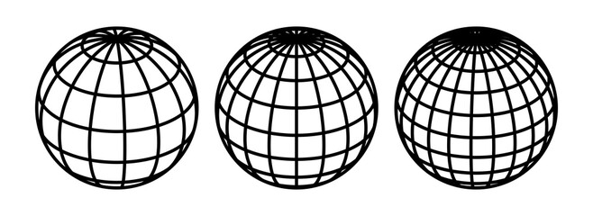 Globe grid spheres. Striped 3D spheres, geometry globe grid, earth latitude and longitude line grid vector symbol set. Spherical grid globe shapes. Illustration globe striped, global geography surface