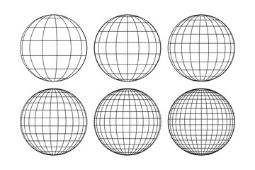 Globe grid spheres. Striped 3D spheres, geometry globe grid, earth latitude and longitude line grid vector symbol set. Spherical grid globe shapes. Illustration globe striped, global geography surface - obrazy, fototapety, plakaty