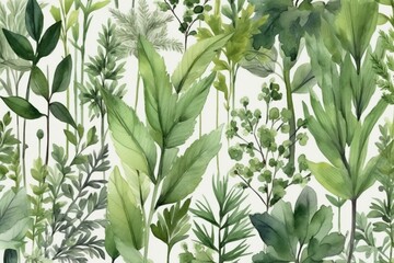 Seamless Realistic Watercolor Greenery Pattern. Summer, Spring Forest Herbs, Plants Texture. Foliage in Vintage Style. Nature Eco Friendly Concept. Textile, Fashion, Interior. Generative AI