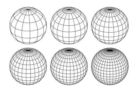 Globe grid spheres. Striped 3D spheres, geometry globe grid, earth latitude and longitude line grid vector symbol set. Spherical grid globe shapes. Illustration globe striped, global geography surface