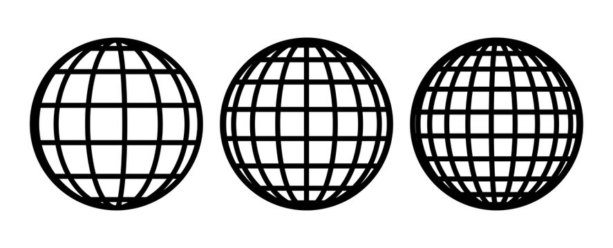 Globe grid spheres. Striped 3D spheres, geometry globe grid, earth latitude and longitude line grid vector symbol set. Spherical grid globe shapes. Illustration globe striped, global geography surface