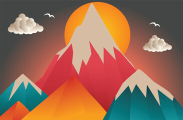 Sunset above mountains peak silhouette. colorful gradient mountain  sticker or poster template. Vector illustration stock illustration