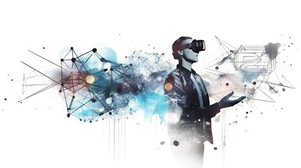 Double exposure image of person using immersive technology, with abstract graphics representing digital transformation, AI, automation, and analytics. Copy space on isolated background. Generative AI