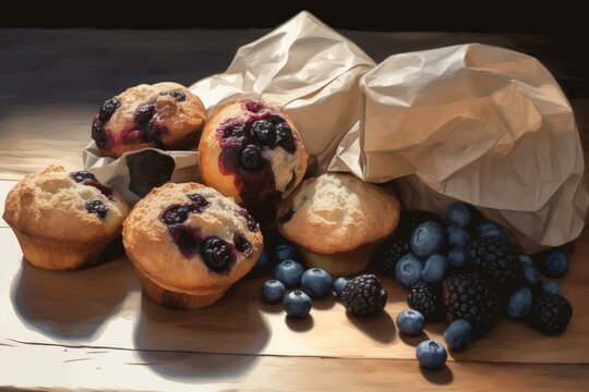 a painting of muffins and berries on a wooden table with a bag of muffins next to them and a bag of berries.  generative ai