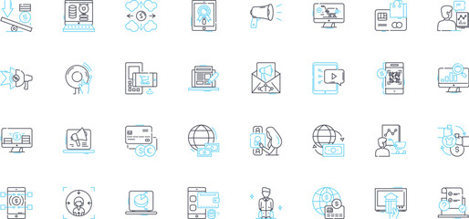 Online Media linear icons set. Digital, Content, Streaming, Social, Multimedia, News, Video line vector and concept signs. Audio,Podcasts,Blogs outline illustrations