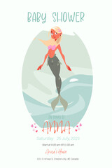 Cute mermaid and sea life cartoon for party invitation card template. Kids birthday party front and back invitation card with cute little mermaid and marine life