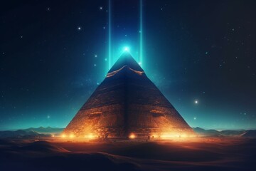 Sci-fi space background with pyramid. Science and technology platform on a galactic planet, stars, nebulae, night view, space. Ancient Egyptian pyramid, architecture, neon light. AI. Generative AI