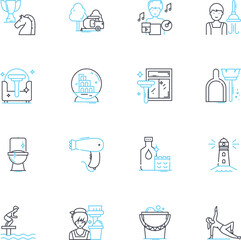 Domestic duties linear icons set. oooking, Cleaning, Laundry, Dishes, Gardening, Ironing, Scrubbing line vector and concept signs. Sweeping, Dusting, Vacuuming outline illustrations