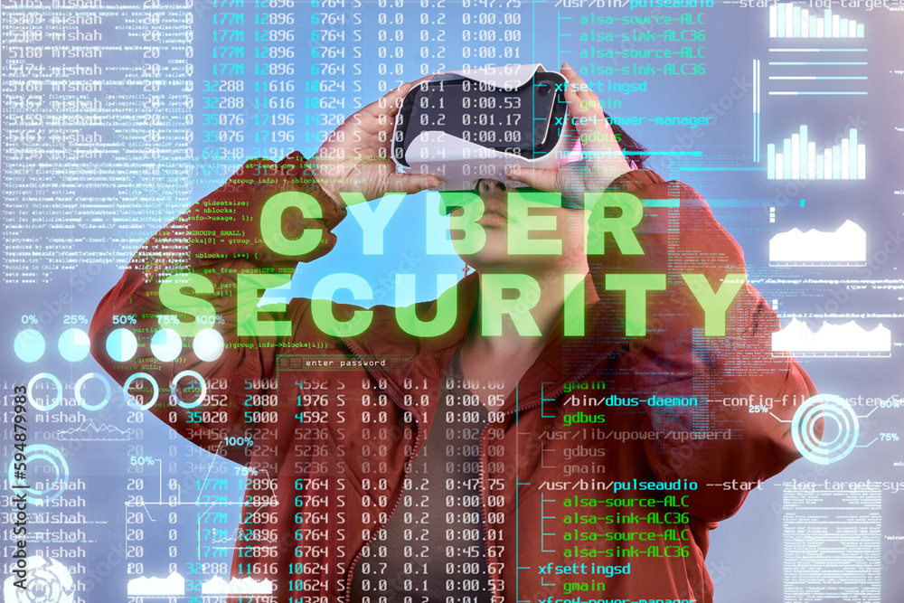 Leinwandbilder Cybersecurity, woman or virtual reality glasses with hologram for digital transformation, charts or graphs. Hacker with vr headset or overlay of online 3d code technology for big data or future news