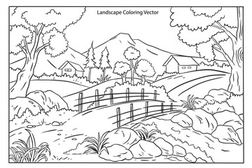 Coloring page for kids with landscape theme