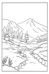 Coloring page of a mountain scene with a river and a house in the background.