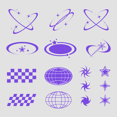abstract shape element for street wear and y2k t shirt design, purple globe, star, oval sparkle star 