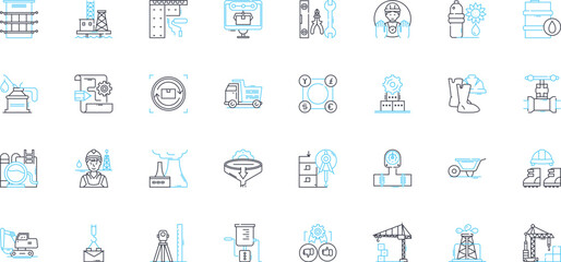 Production plant linear icons set. Machinery, Assembly, Automation, Conveyor, Line, Factory, Mass production line vector and concept signs. Equipment,Efficiency,Manufacturing outline illustrations