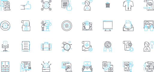 Happy pleased linear icons set. Joyful, Grateful, Ecstatic, Content, Elated, Radiant, Thrilled line vector and concept signs. Cheerful,Blissful,Overjoyed outline illustrations