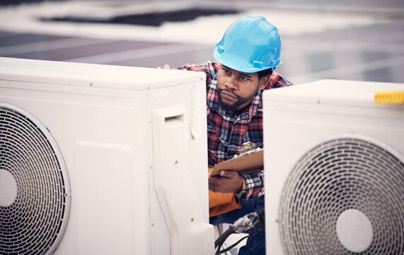 Technician clipboard, air conditioner or inspection on rooftop safety, power or maintenance. Electrician, black man or paperwork for hvac system, ac repair or quality assurance of temperature control