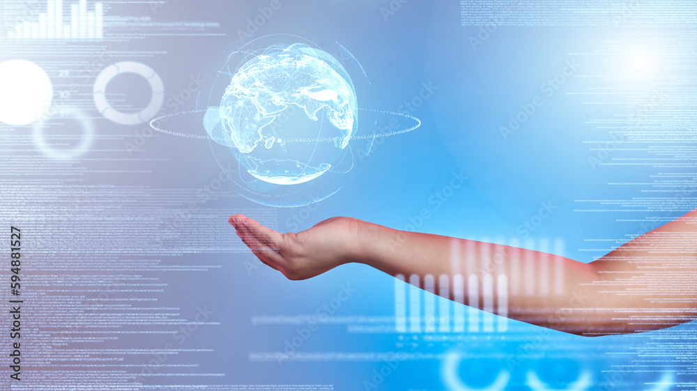Poster Globe hologram, global network or hand of person with data analysis or worldwide communication networking. Future cloud computing network, holographic planet ui or user with digital analytics overlay