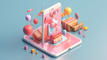Fototapeta premium shopping cart on mobile phone design multi-dimensional perspectives, organic and geometric shapes, hyper-realistic minimal 