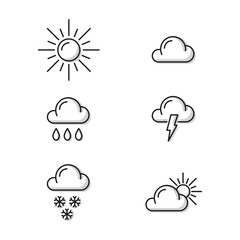 Set of weather six icons. Vector illustration isolated on white background. White clouds, thunder sign, rain sign, snow sign, day sun, sunny with clouds sign, for forecast design. Sun and thunderstorm