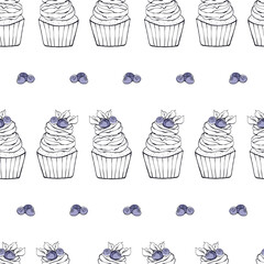 Seamless pattern with blueberry dessert. Doodle hand drawn blueberry cupcake with cream and berries in a seamless pattern on a white background