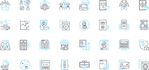 Virtual commerce linear icons set. E-commerce, Online shopping, Webstores, Digital marketing, Internet retail, Remote transactions, Virtual storefronts line vector and concept signs. Digital