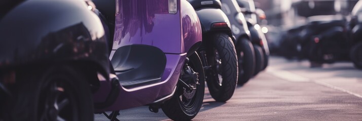 Moto scooter, moped concept. Renting service company. Purple moto-scooters in row. Parkende scooters, vehicle. Commercial fleet. AI image