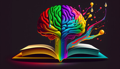 Colorful human brain with book mental health concept illustration generative ai