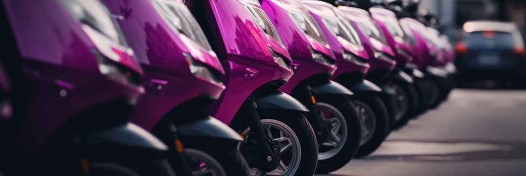 Moto scooter, moped concept. Renting service company. Pink electric scooters in row. Parkende scooters, vehicle. Commercial fleet. AI image