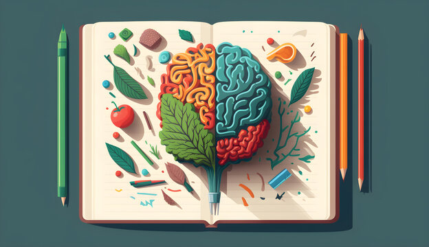 Colorful human brain notebook  with fruits vegetables mental health concept illustration generative ai
