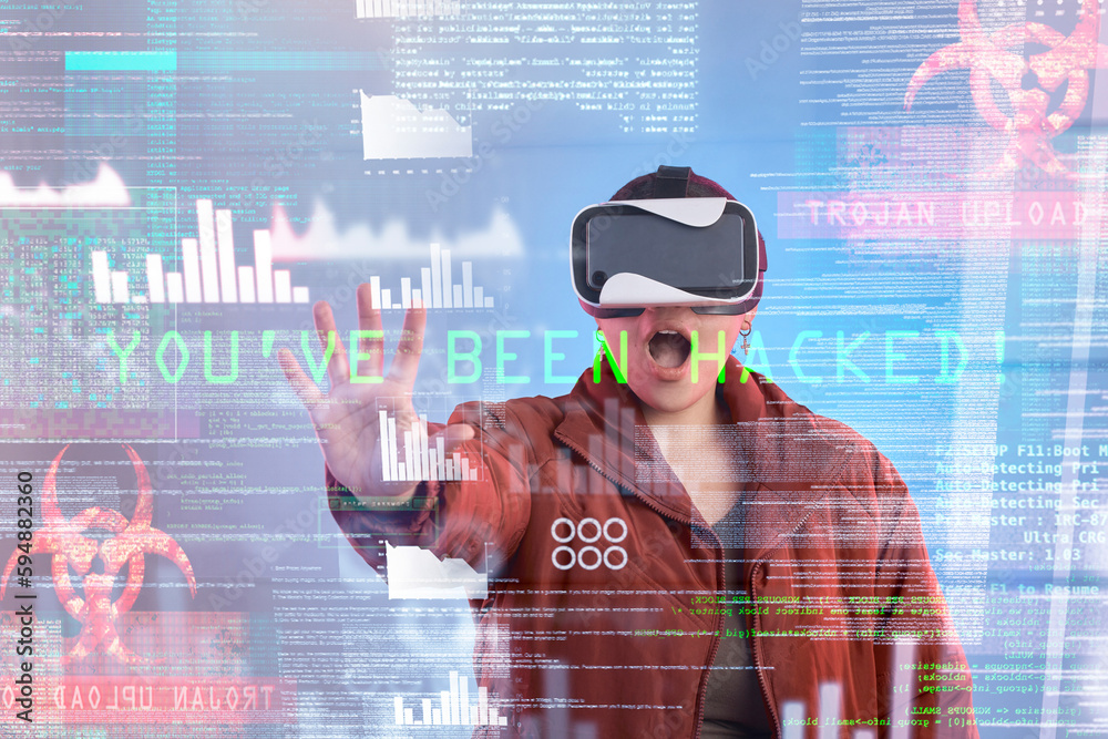 Aufkleber hacker, metaverse or shocked woman in virtual reality with hologram for digital transformation or 3d