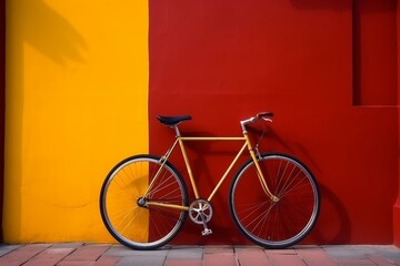 Fototapeta na wymiar City bicycle fixed gear on yellow and red wall. Generative AI