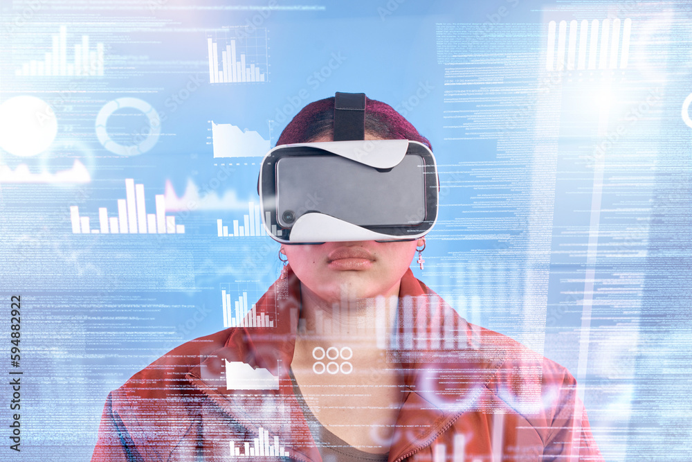 Poster metaverse, woman or virtual reality big data with overlay for digital transformation, charts or grap