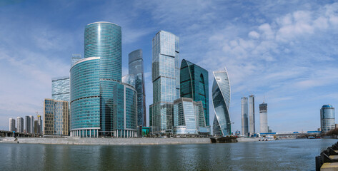 Panorama of Skyscrapers of Moscow City district in sunny day. Moscow. Russia