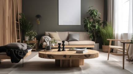 aA cozy minimalist living room with natural element, Generative AI