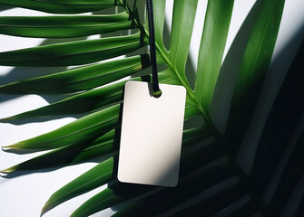 Blank empty mockup of tag label on green plant for branding natural organic shop, minimal eco friendly concept, generative ai