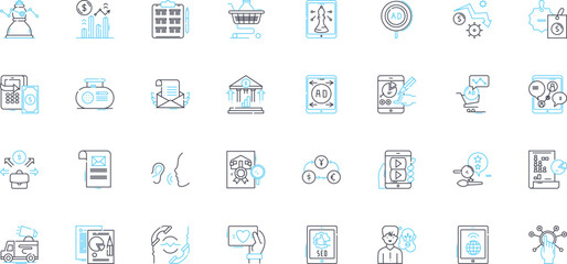 Merchandise trade linear icons set. Import, Export, Trade, Tariff, Customs, Free trade, Balance line vector and concept signs. Surplus,Deficit,Exchange outline illustrations