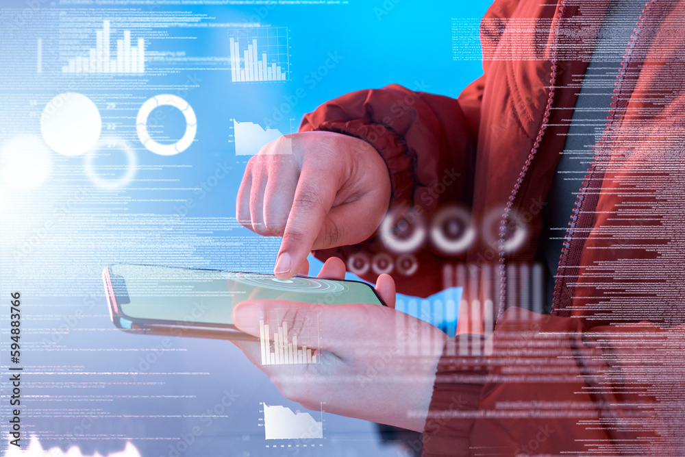 Poster Hand, phone or person typing with overlay for 3d analysis, holographic charts online or tech innovation. Closeup, mobile app touchscreen ui or hologram ux with hacker searching on iot digital website