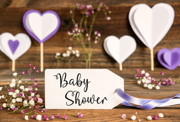 Fototapeta na wymiar Label With Spring Flowers, Hearts, Text Baby Shower
