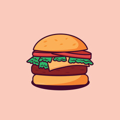 Cartoon Burger With Lettuce, Tomato And Cheese. Vector Hand Drawn Illustration cheeseburger