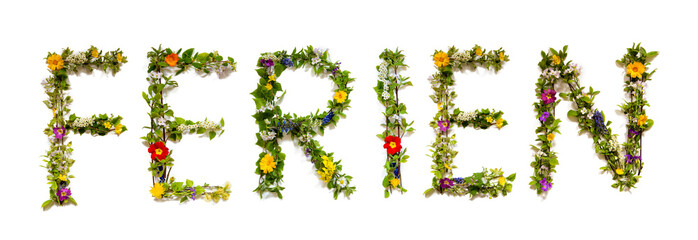 Colorful Flowers Building Word Ferien, Isolated Background