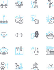 Water park linear icons set. Splash, Thrills, Slide, Waves, Aquatic, Fun, Adventure line vector and concept signs. Chill,Family,Refreshing outline illustrations