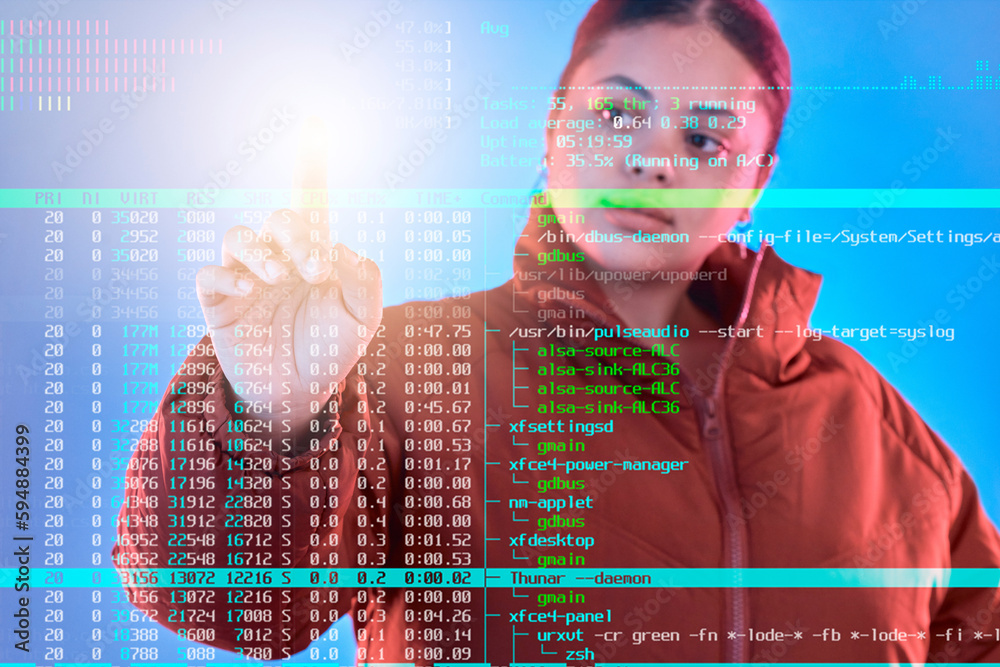 Fototapete Double exposure, code or woman hacker coding, phishing or typing on cybersecurity database online. Big data programmer, light or girl hacking for digital transformation on ai cloud computing website