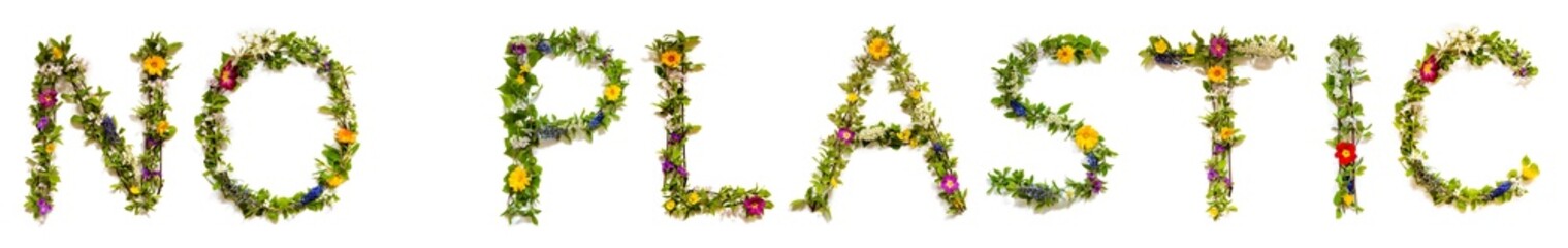 Colorful Flowers Building Word No Plastic, Isolated Background
