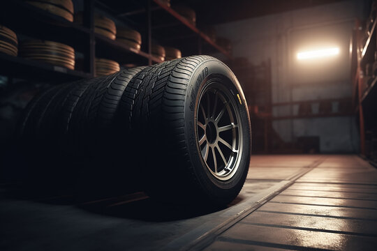 Garage background. Car tire set in private garage.