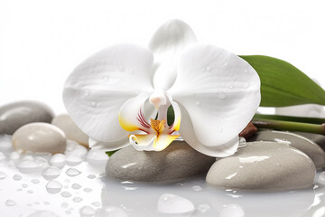 Fototapeta na wymiar White orchid and spa stones, water drops, white background