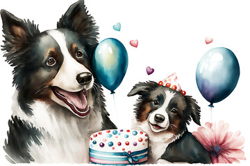 Happy Holiday. Cute mother and baby dog puppy together. Watercolor Vector illustration. Generated AI