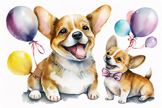 Happy Mother's Day. Cute mother and baby dog puppy together. Watercolor Vector illustration. Generated AI